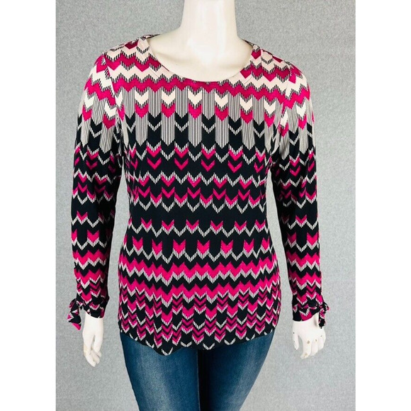 Susan Graver Womans Sz Large Blouse Black Long Tie Sleeve Stretch Abstract - Picture 2 of 11